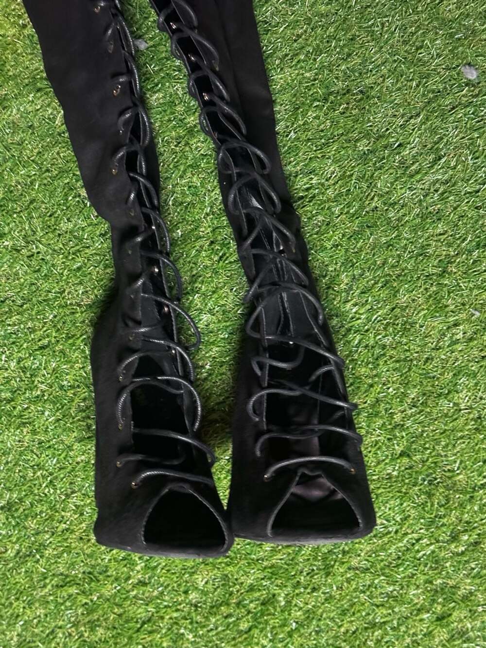 Fashion Nova Black Faux Suede Lace Up Peep Toe Over The Knee Block Heel Boots Si - Picture 4 of 6